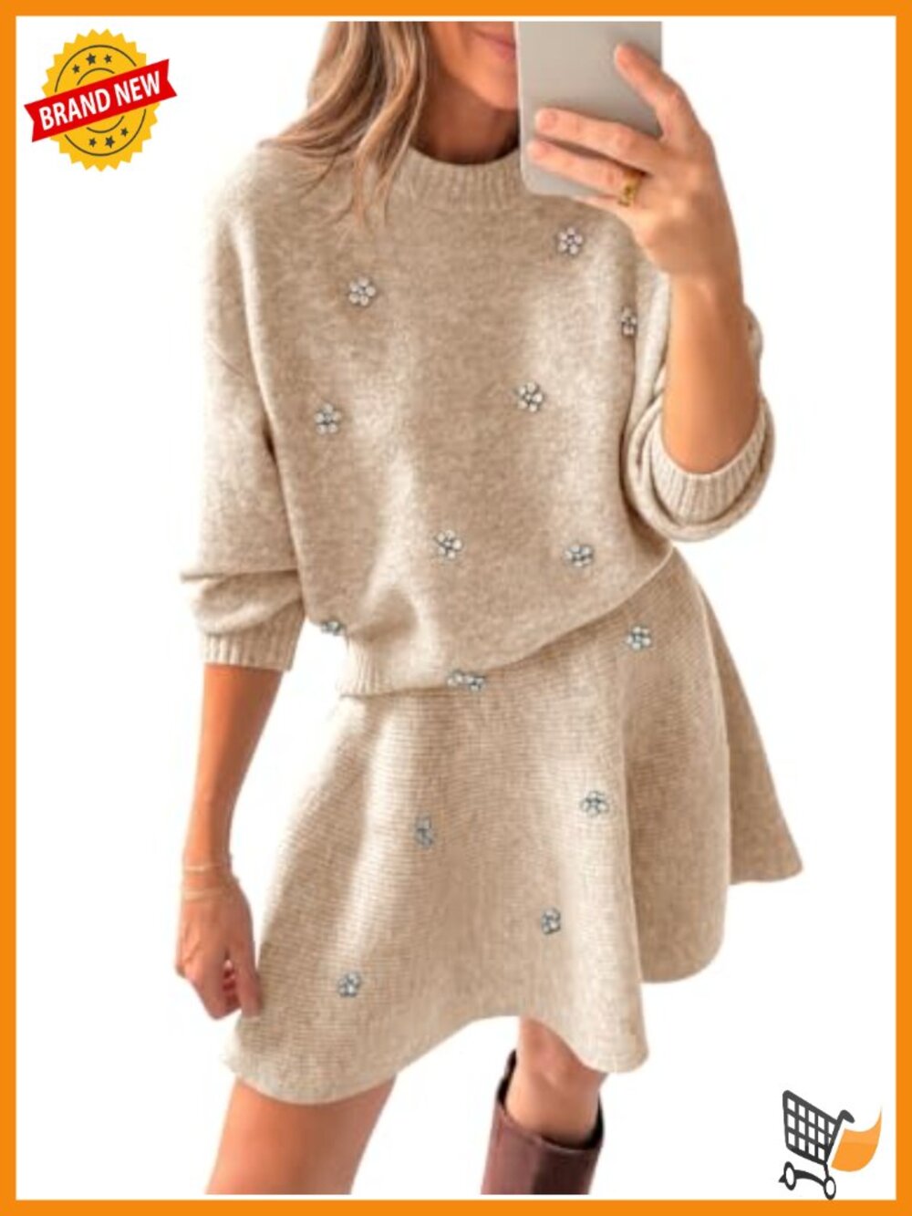 Womens 2 Piece Knit Sweater Skirt Set Rhinestone Crew Neck Mini